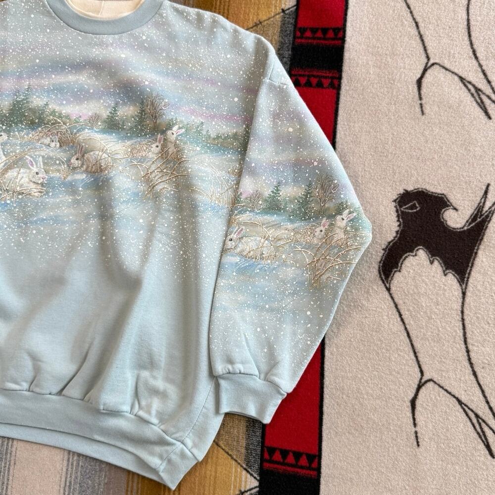 Vintage 90s Women’s Bunny Rabbit AOP Nature Outdoor Sweatshirt Size XL Animals - Picture 6 of 10